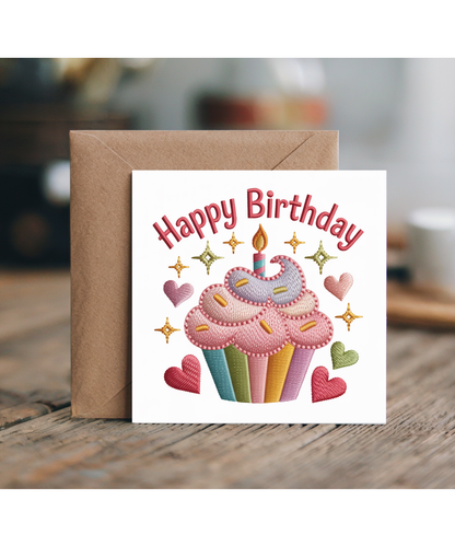 Embroidered style happy birthday cupcake