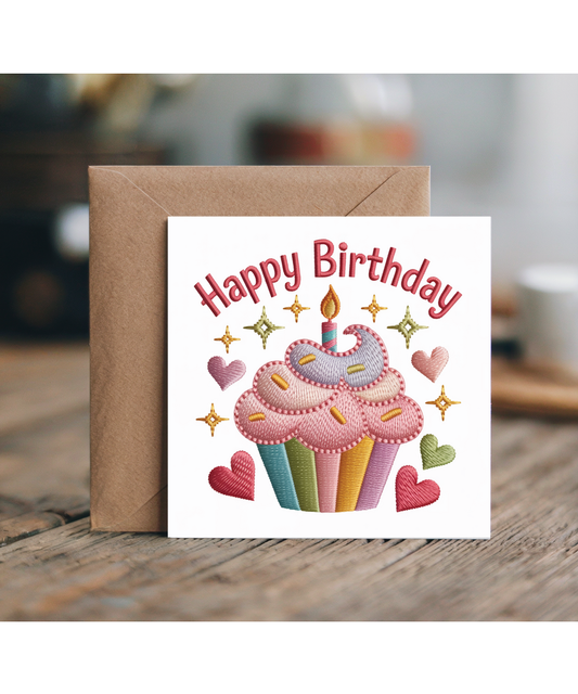 Embroidered style happy birthday cupcake