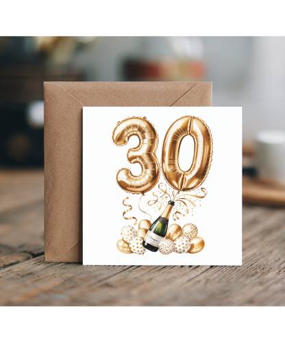 Golden 30th Balloon Birthday Card Celebrating Family and Friends