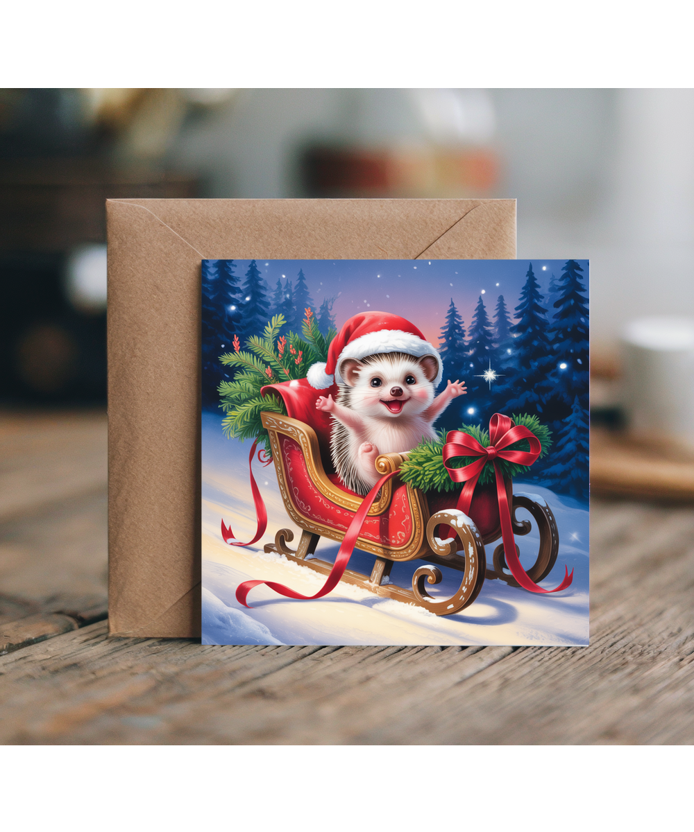 Cute Baby Hedgehog in Santas Sleigh Christmas Card Adorable Festive Greeting