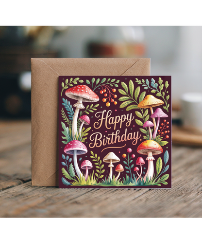 Happy Birthday Card with Auntumnal Forest Mushrooms