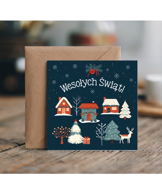Polish Merry Christmas Card for Family and Friends Wesolych Swiat Village on Christmas Eve