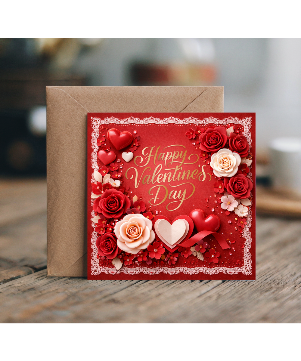 Romantic Valentines Day Card for Girlfriend or Wife 2D Elegant Floral Roses