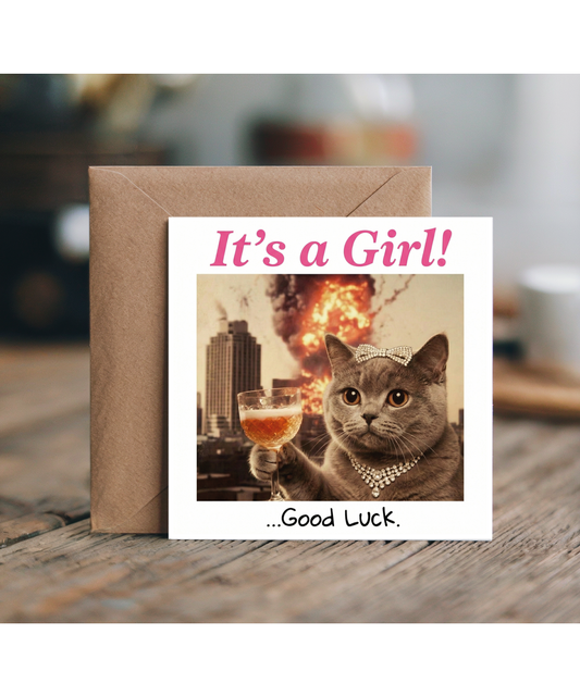 Funny Newborn Baby Girl Card Sassy Cat Good Luck Its a Girl
