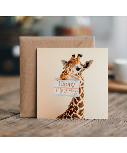 Happy Birthday card giraffe holding sign