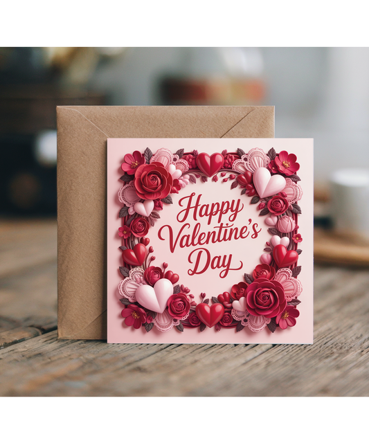 Romantic Valentines Day Card Red Hearts and Red Roses in Dimensional Style