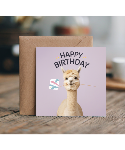 Happy Birthday card cute alpaca llama pastel lavender