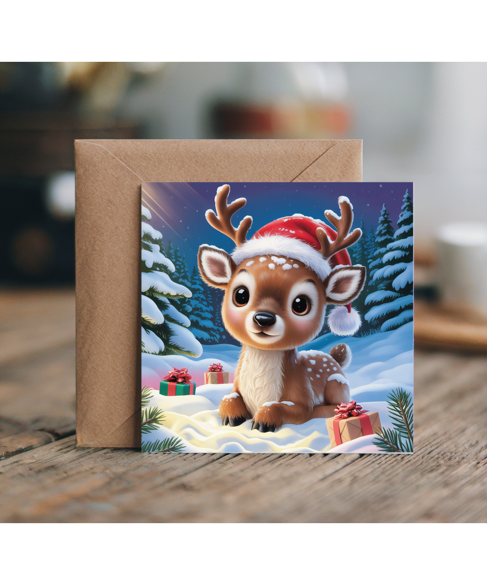 Santas Little Helper Baby Deer Christmas Card Adorable Winter Scene
