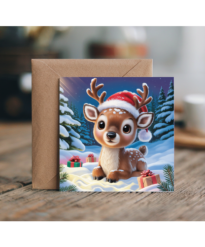 Santas Little Helper Baby Deer Christmas Card Adorable Winter Scene