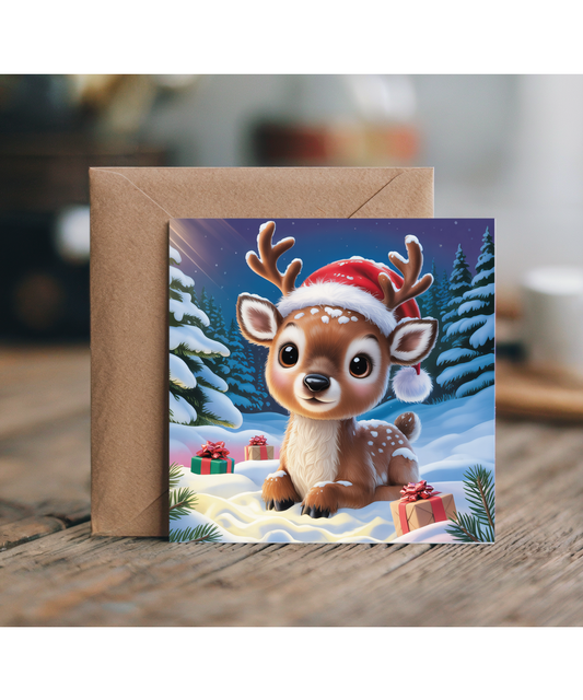 Santas Little Helper Baby Deer Christmas Card Adorable Winter Scene