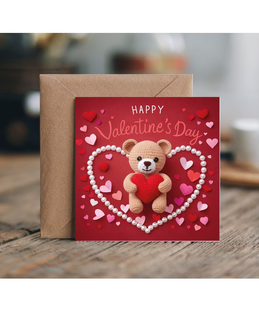 Happy Valentines Day Cute Crochet Loveheart Bear and Paper Hearts