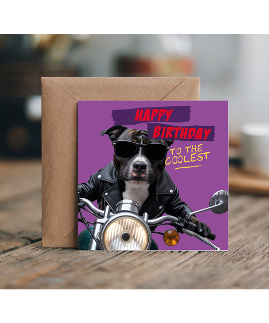 Fun Birthday Card for Dad Uncle Brother to the Coolest Staffi on a Bike