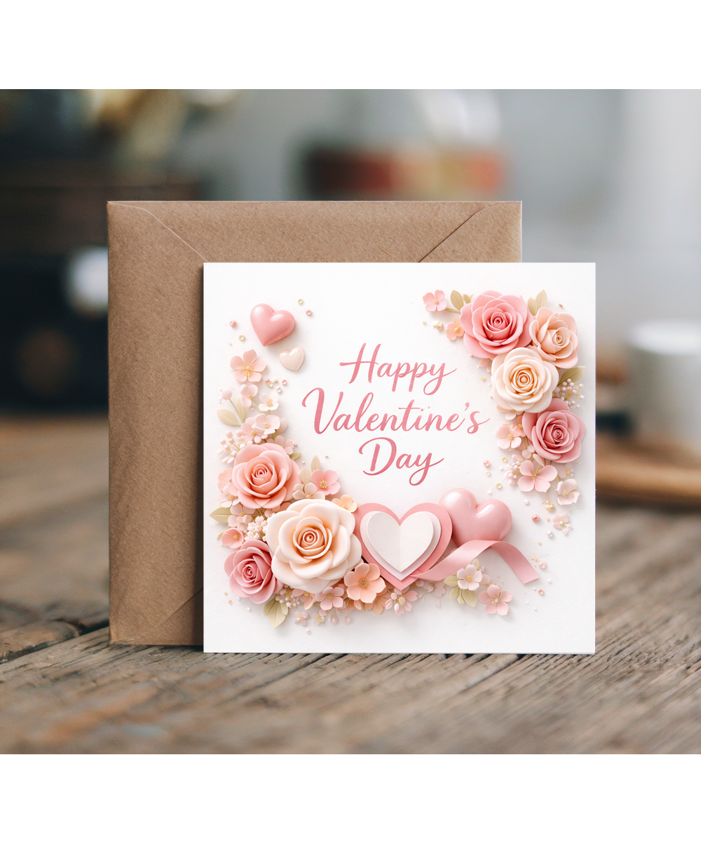 Happy Valentines Day Card 2D Pearls Hearts and Roses for Her