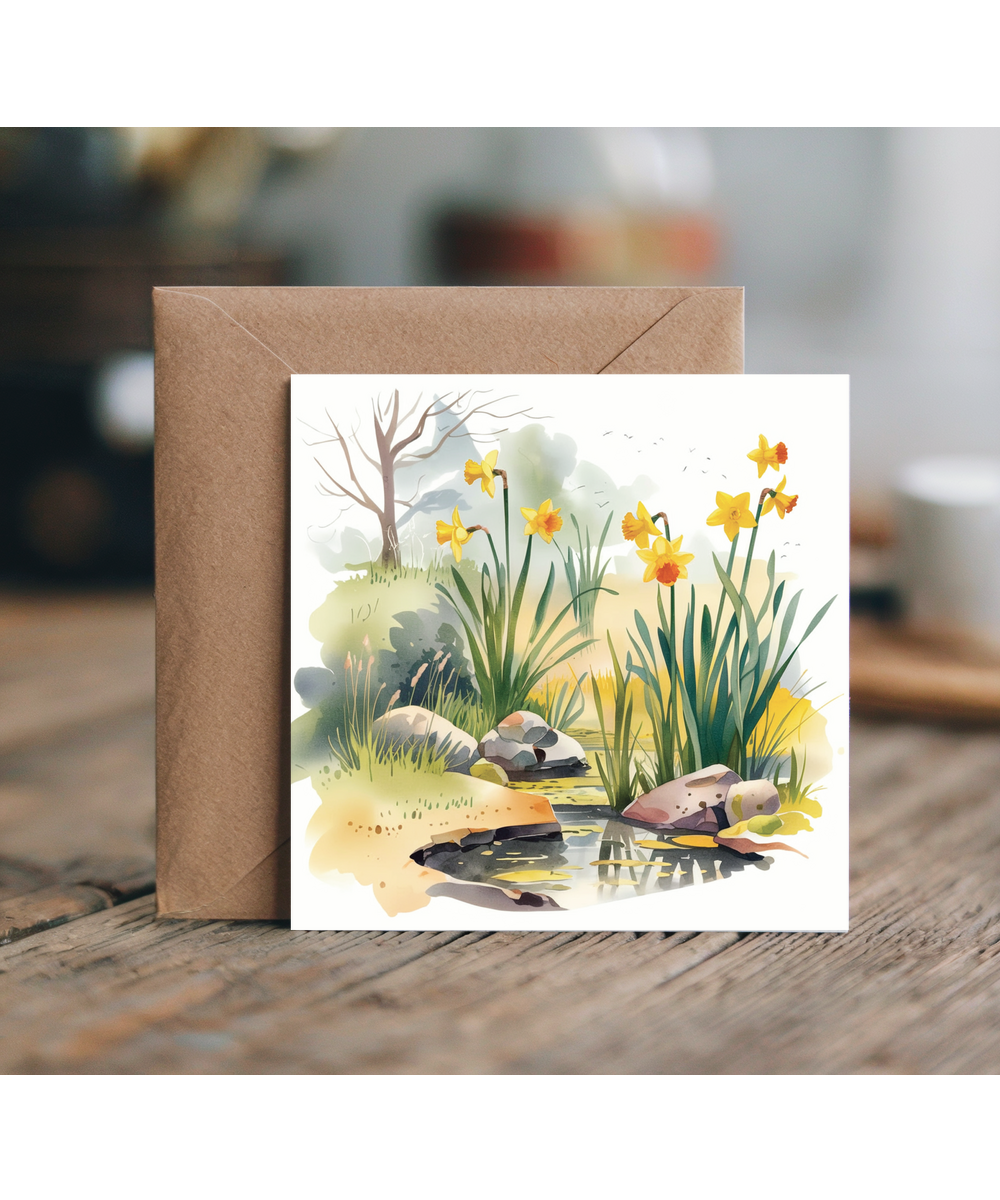 water colour scenery of daffodils and pond