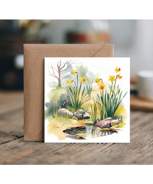 water colour scenery of daffodils and pond