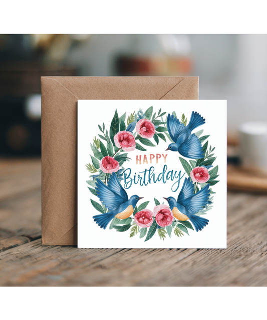 Blue Bird Birthday Card with Botanical Wreath for Mum Nana Grandma