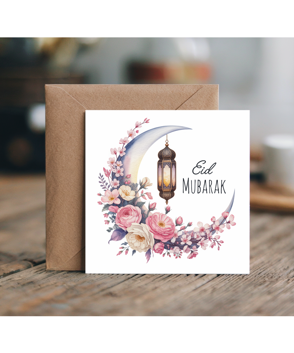 Eid Mubarak Greeting Card Crescent Floral Moon in Watercolour