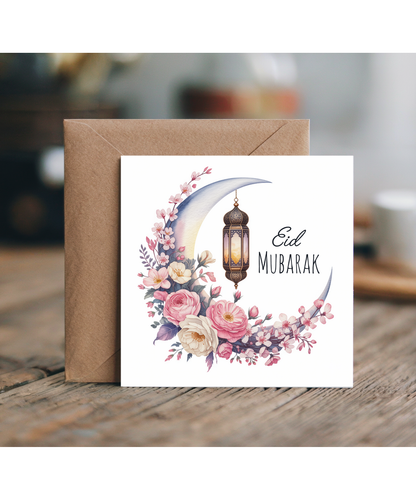 Eid Mubarak Greeting Card Crescent Floral Moon in Watercolour