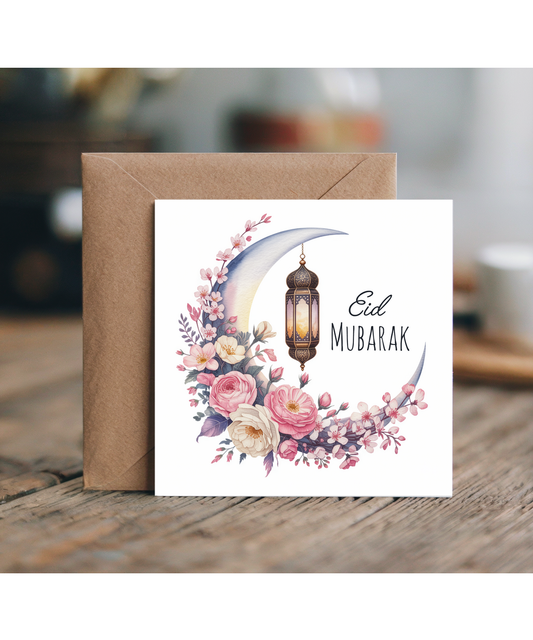 Eid Mubarak Greeting Card Crescent Floral Moon in Watercolour