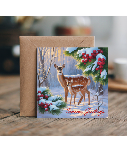 Seasons Greetings Christmas Card Mother and Her Fawn Painting
