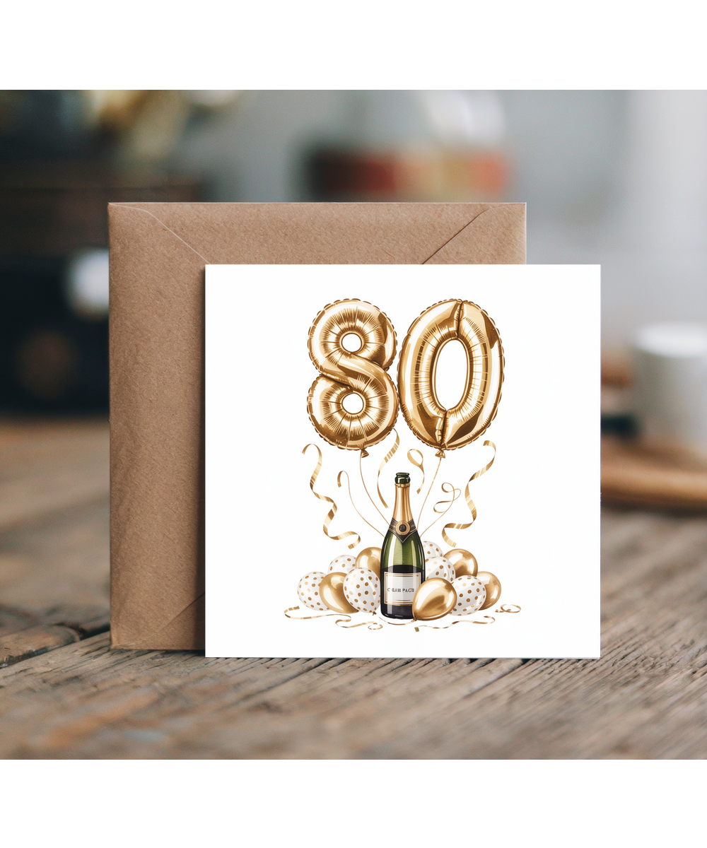 Golden 80th Balloon Birthday Card Celebrating Family and Friends
