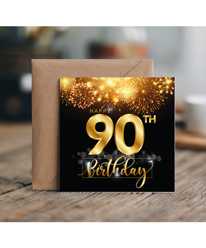 90th Birthday Card with Gold Fireworks