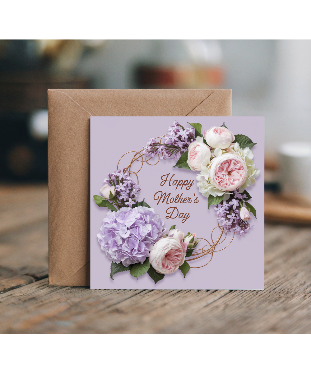 Happy Mother’s Day Card Photo of flowers in wreath purple