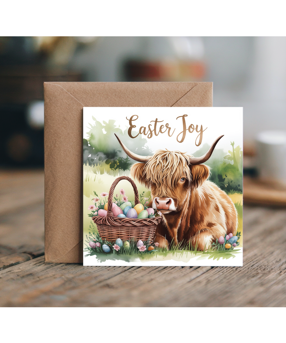 happy easter card joy highland cow