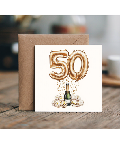 Golden 50th Balloon Birthday Card Celebrating Family and Friends