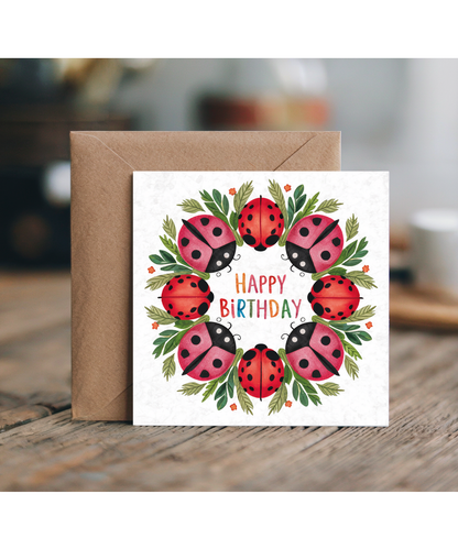 Ladybug Wreath Birthday Card for Garden Insect Lovers