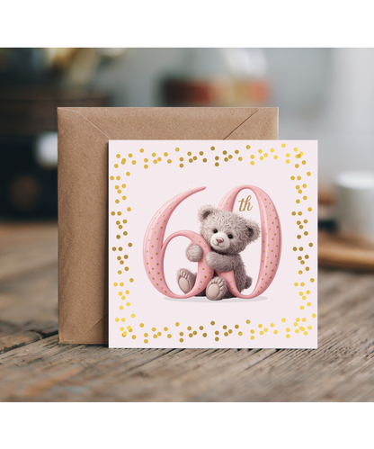 Elegant Happy Birthday 60th pink bear fake glitter effect