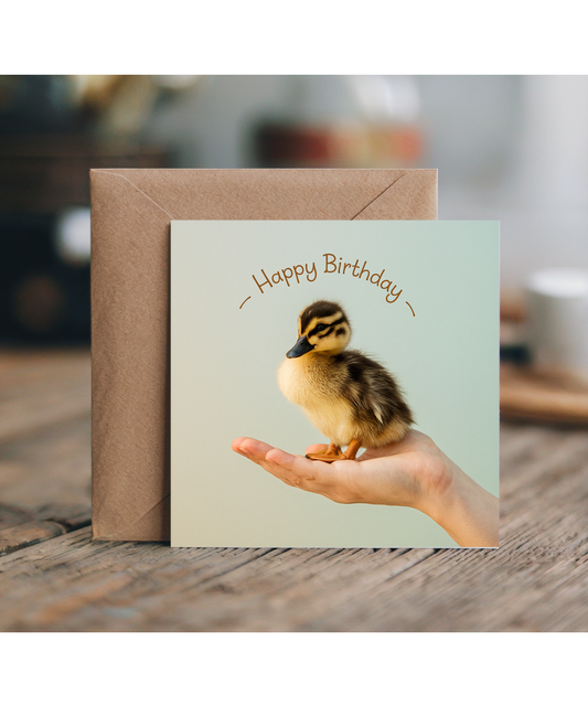 Happy Birthday card duckling in hand pastel