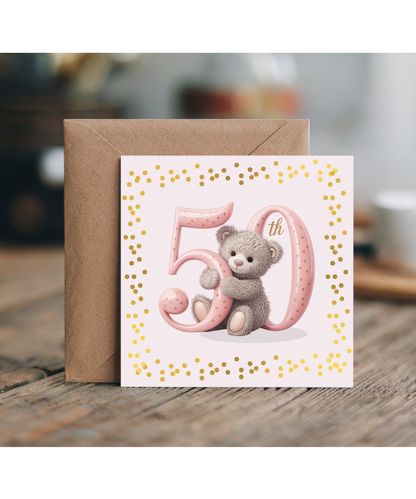 Elegant Happy Birthday 50th pink bear fake glitter effect
