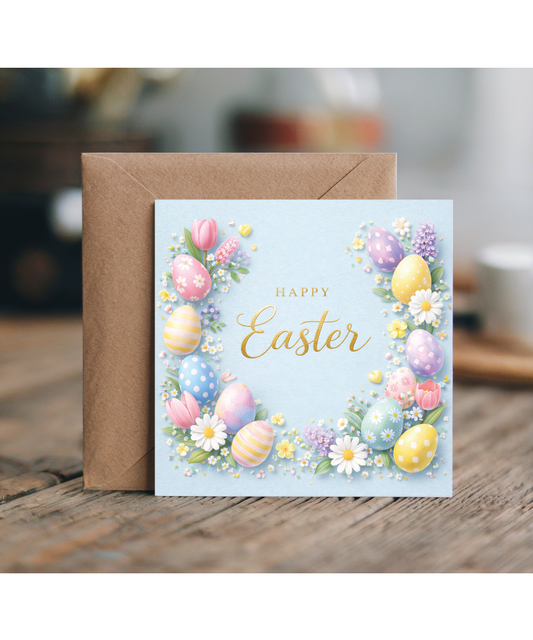 Happy Easter Card Beautiful Spring Blooms and Pastel Eggs with Dimension Effect