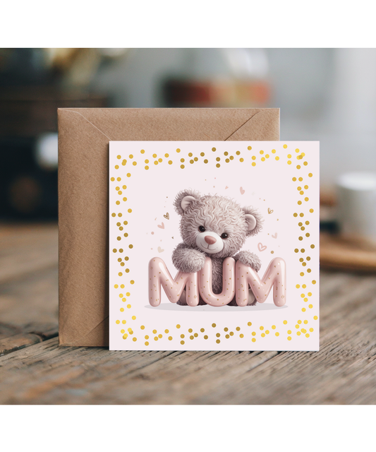 Elegant Happy Birthday mother's day mum pink bear fake glitter effect