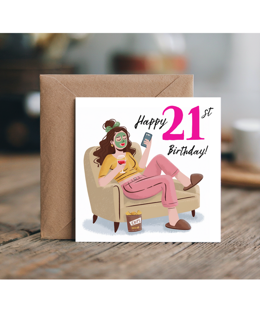 Happy 21st Birthday Card for a Glamorous Relaxed Self Care Queen