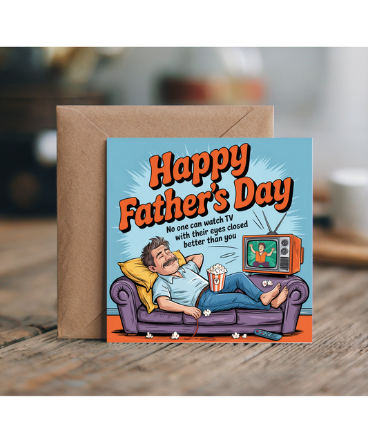 Funny Fathers Day Card Stereotypical Dad Falling Asleep Watching TV