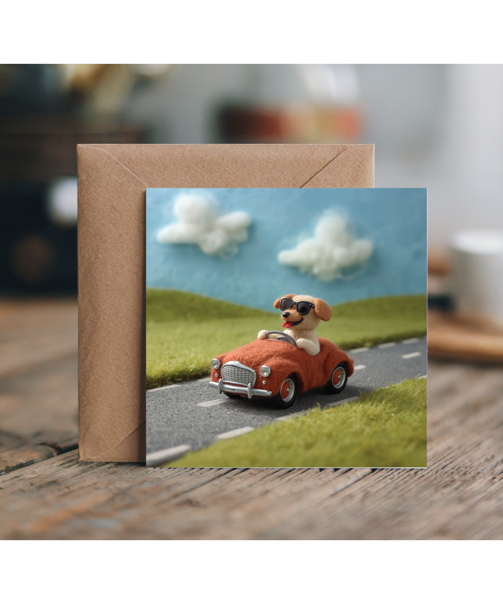 2D felt style dog driving a car