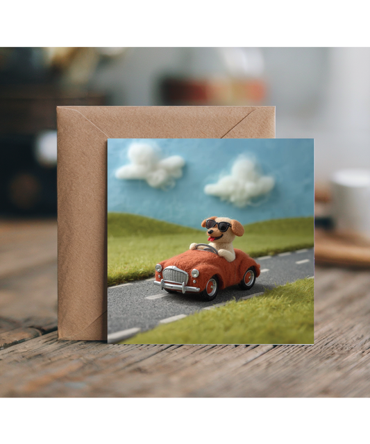 2D felt style dog driving a car