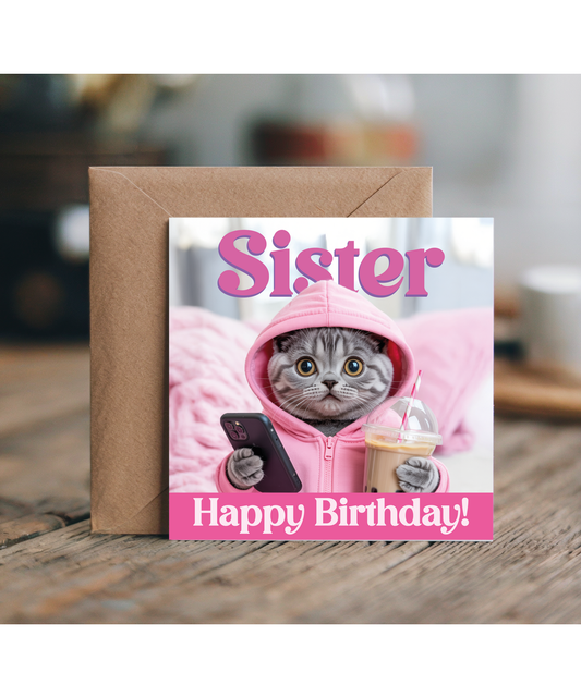 Funny Sister Birthday Card with Cute Trendy Boba Tea Cat