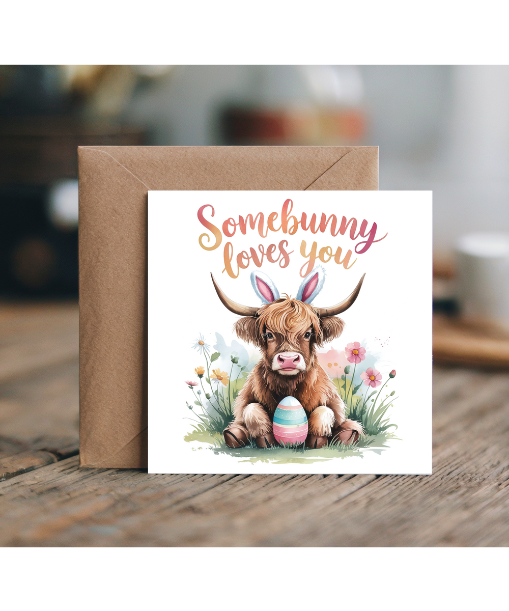 Happy Easter card somebunny loves you highland cow