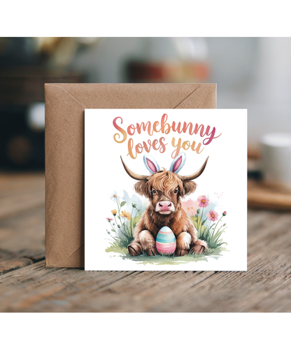 Happy Easter card somebunny loves you highland cow
