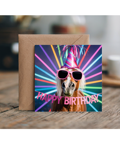 Funny Happy Birthday Card Silly Rave Party Horse for Family and Friends