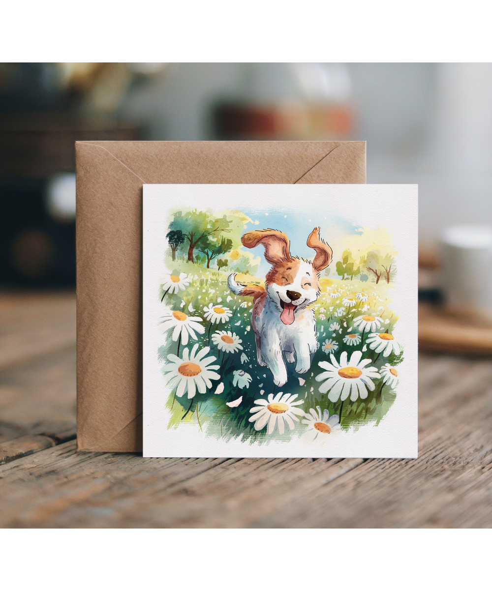 Adorable Watercolour Puppy Card Among the Daisies