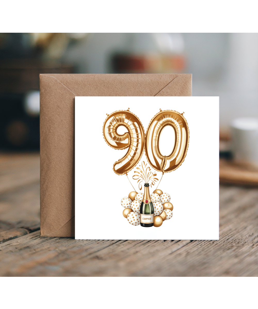 Golden 90th Balloon Birthday Card Celebrating Family and Friends