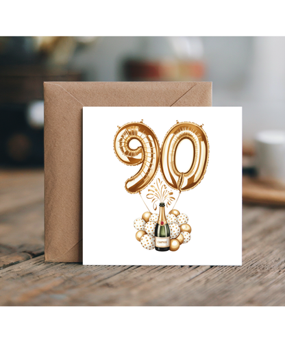 Golden 90th Balloon Birthday Card Celebrating Family and Friends