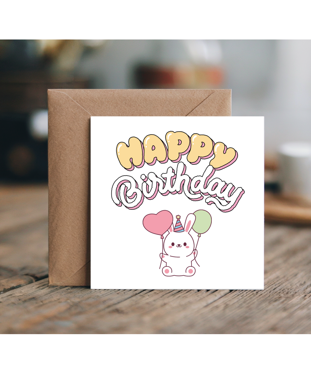 Balloon Bunny Birthday Card Pastel Kawaii Cartoon