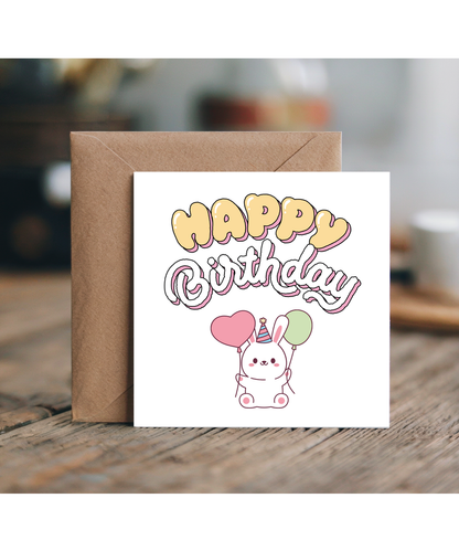 Balloon Bunny Birthday Card Pastel Kawaii Cartoon