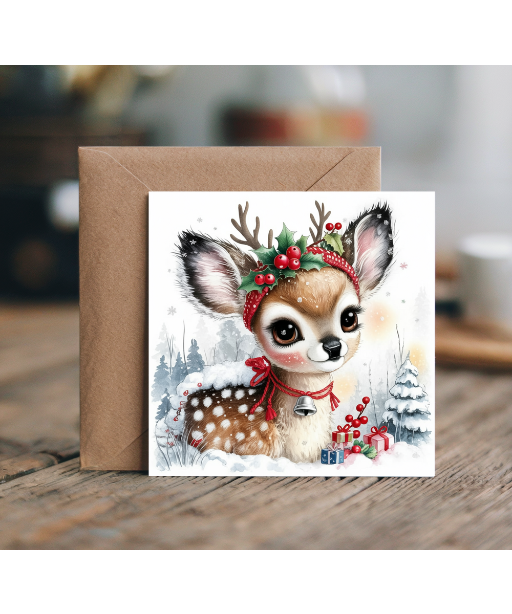 Vintage Style Baby Deer Illustration Christmas Card in Winter Wonderland