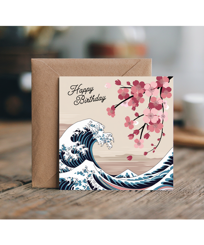 Happy Birthday Card wave pattern and cherry blossoms Hokusai inspired